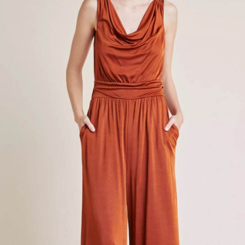 Anthropologie Maeve Enchantment Jumpsuit Rust Orange Satin Flowy Modern Size XS
